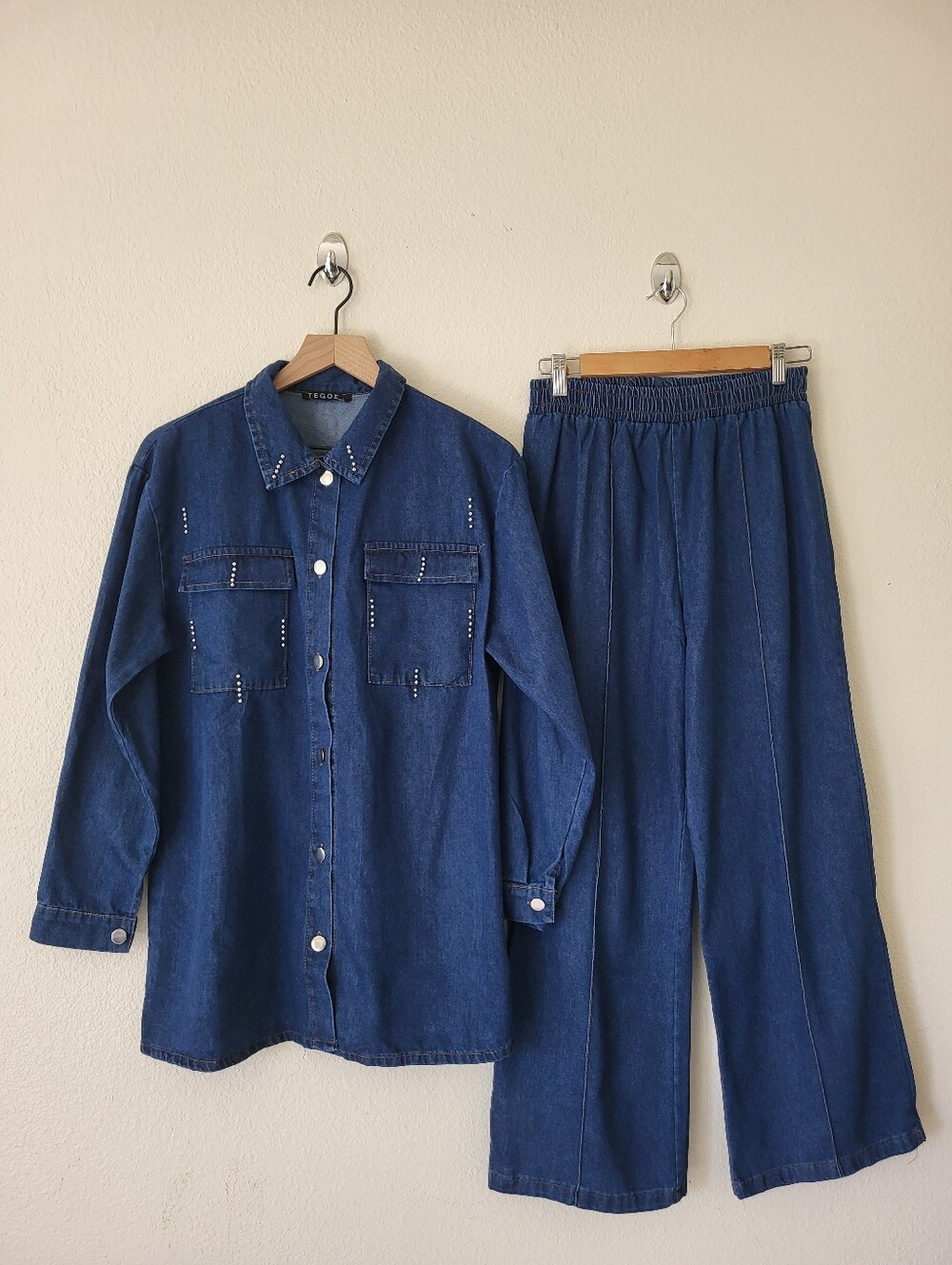 Two Piece Denim Set-Beaded Pockets Wide Leg Pants Modest Size L - Picture 5 of 7